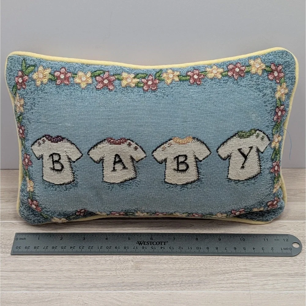 Vintage Tapestry Baby Throw Pillow BABY Design 12 in Floral Border Nursery